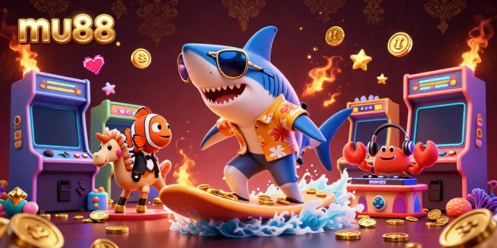 Engage in amazing adventures at mu88, featuring a shark surfing golden waves with vibrant arcade elements.