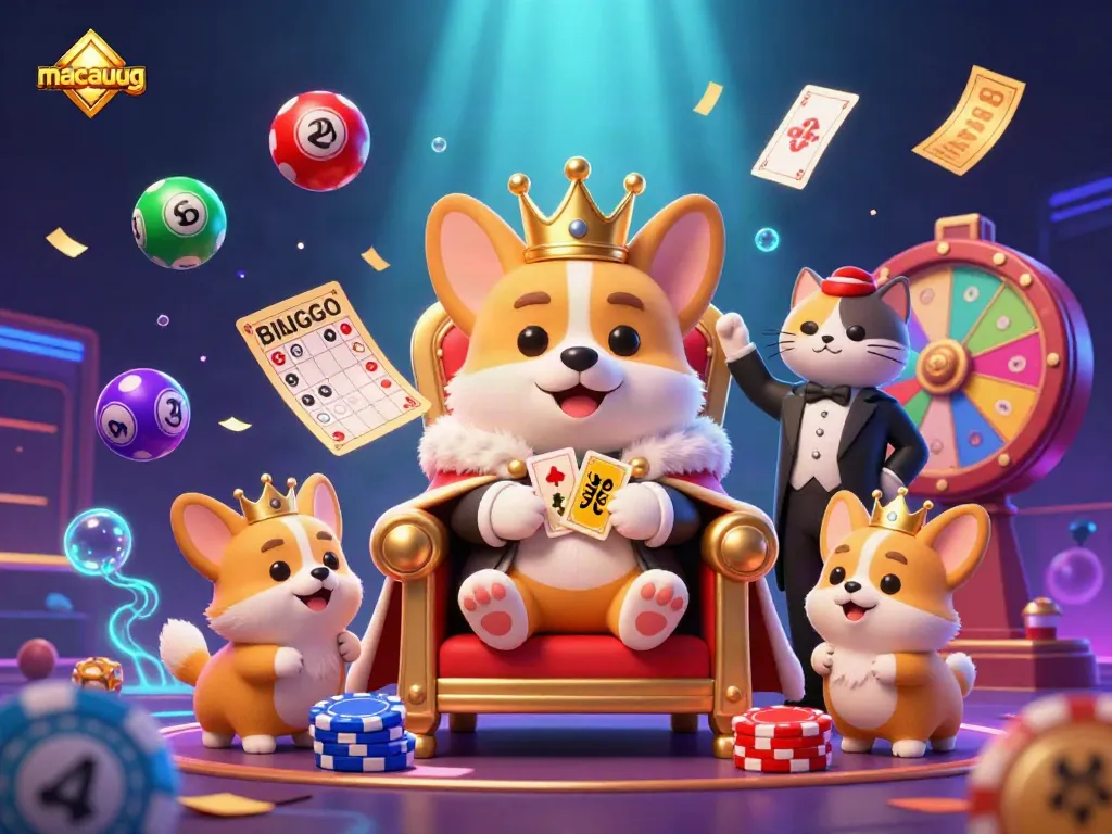 Experience excitement with the macaugg royal corgi on a throne of poker chips and vibrant lottery balls.
