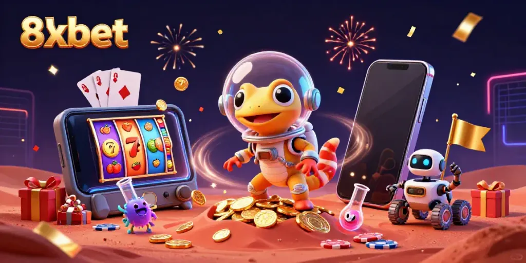 Martian gecko explores a casino while surrounded by gaming excitement, featuring 8xbet elements.