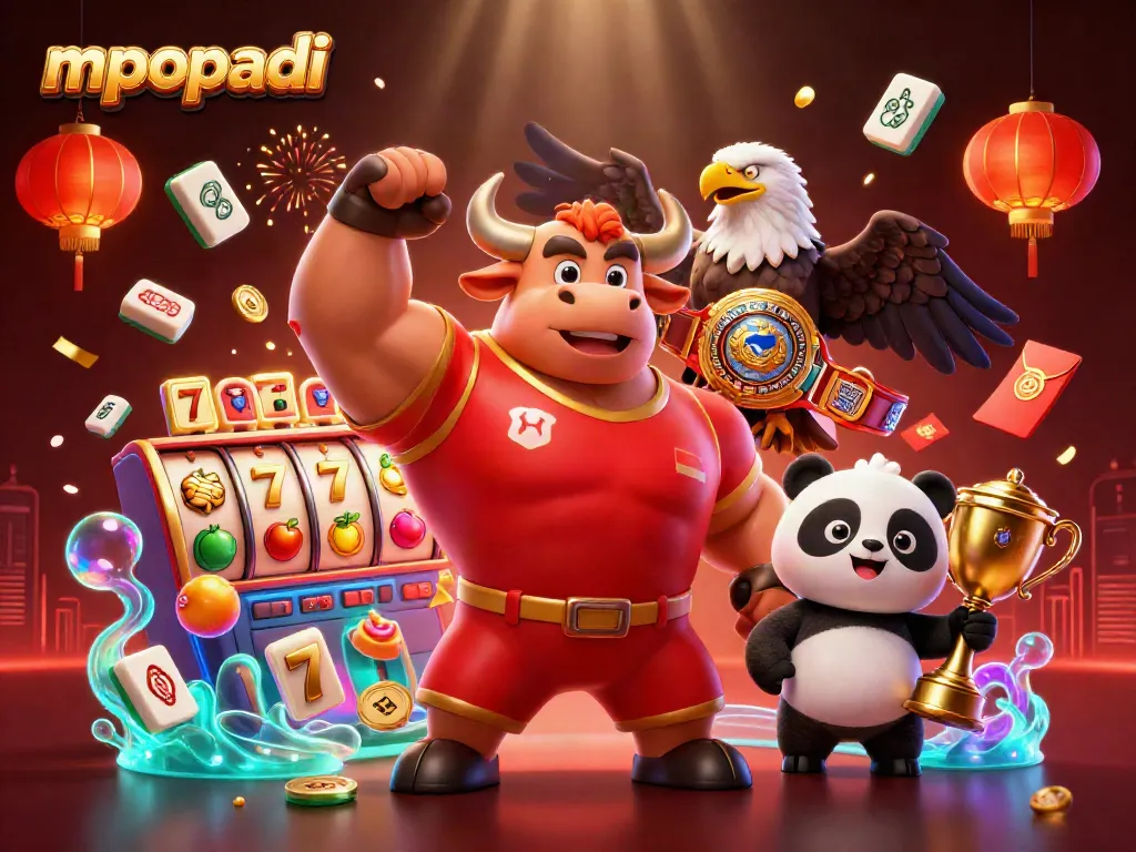 MPOPADI depicts players enjoying vibrant slot gaming with dynamic characters celebrating wins.