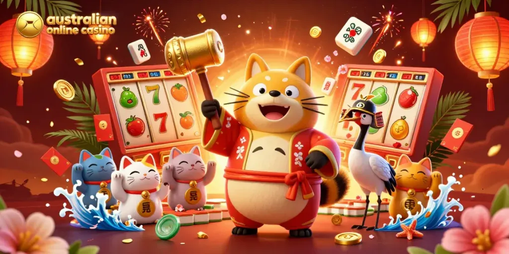 Engage with the vibrant scene of an australian online casino featuring a cheerful tanuki, crane, and waving maneki-neko amid casino elements.