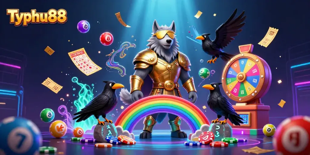 Engage with Typhu88's vibrant casino world, featuring Odin and ravens amidst dynamic lottery games.
