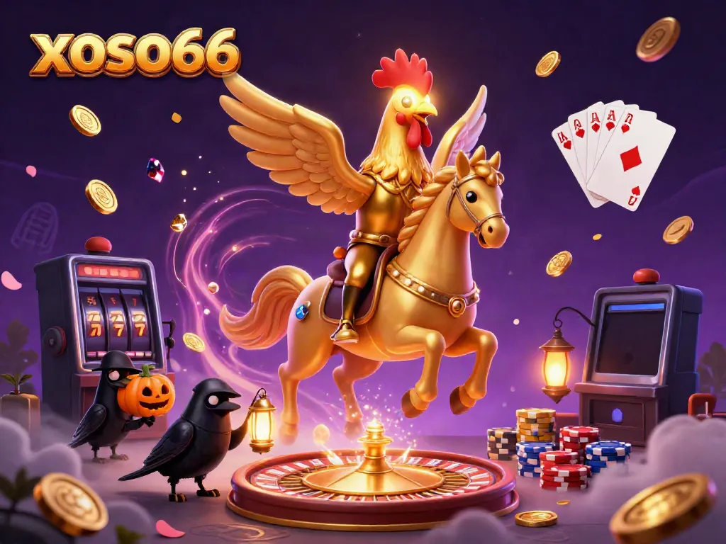 Experience the magic of xoso66 with a golden rooster headless horseman amidst a vibrant casino scene, capturing dynamic gameplay.
