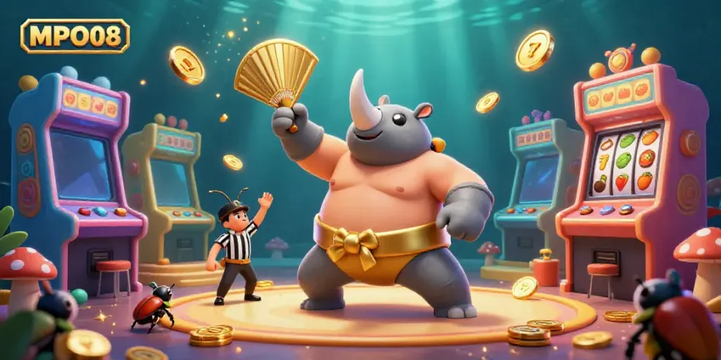 MPO08 brings excitement as a rhinoceros beetle champion stomps for coins in a lively casino atmosphere.