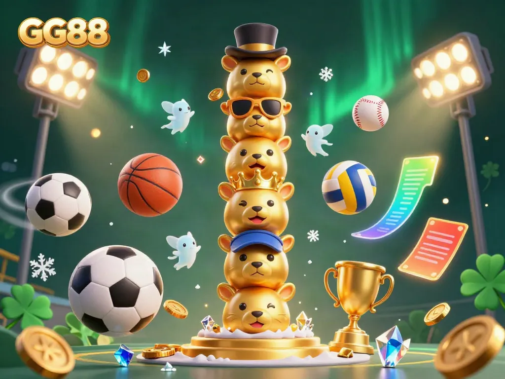 Experience the thrill of GG88 with a vibrant 3D illustration showcasing dynamic casino games and playful totem imagery.