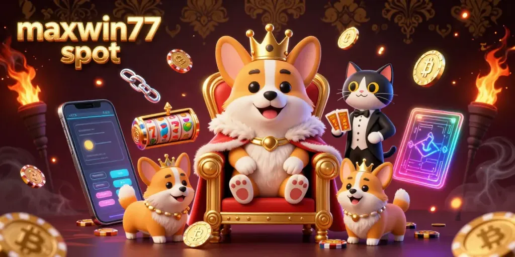 Engage with maxwin77 slot action featuring a royal corgi on a throne of poker chips, showcasing slot elements.