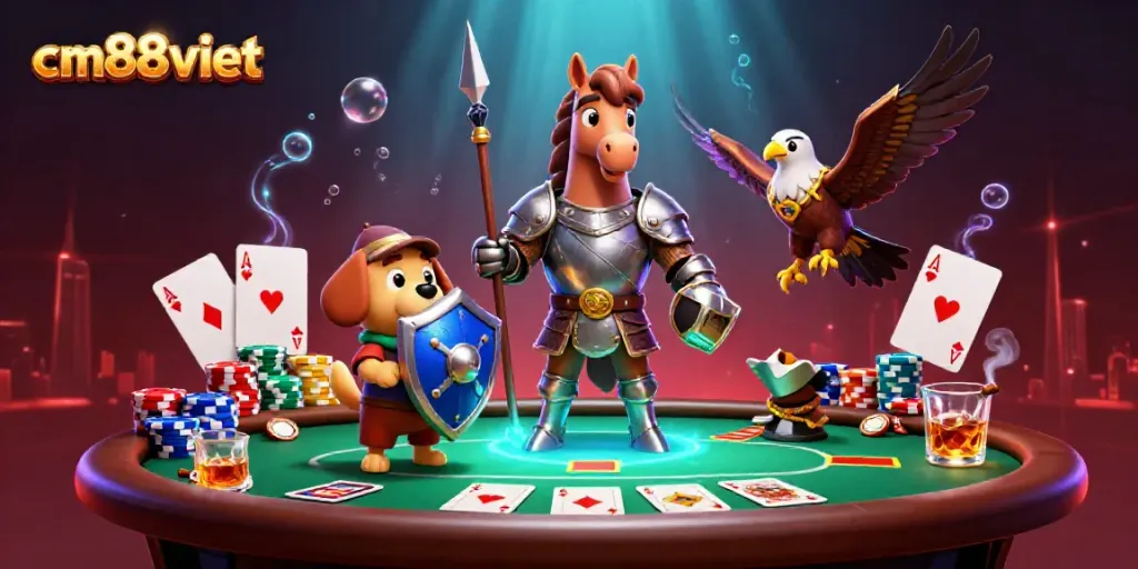 Experience thrilling poker action with cm88viet's vibrant casino-themed digital illustration featuring animated characters.