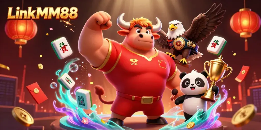 Experience the excitement of gambling with Link MM88 through a vibrant 3D illustration of a bull mascot, eagle, and panda celebrating victory.