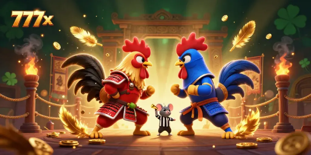 Engage in thrilling battles with the 777x online casino in this colorful, cartoonish illustration of roosters facing off.