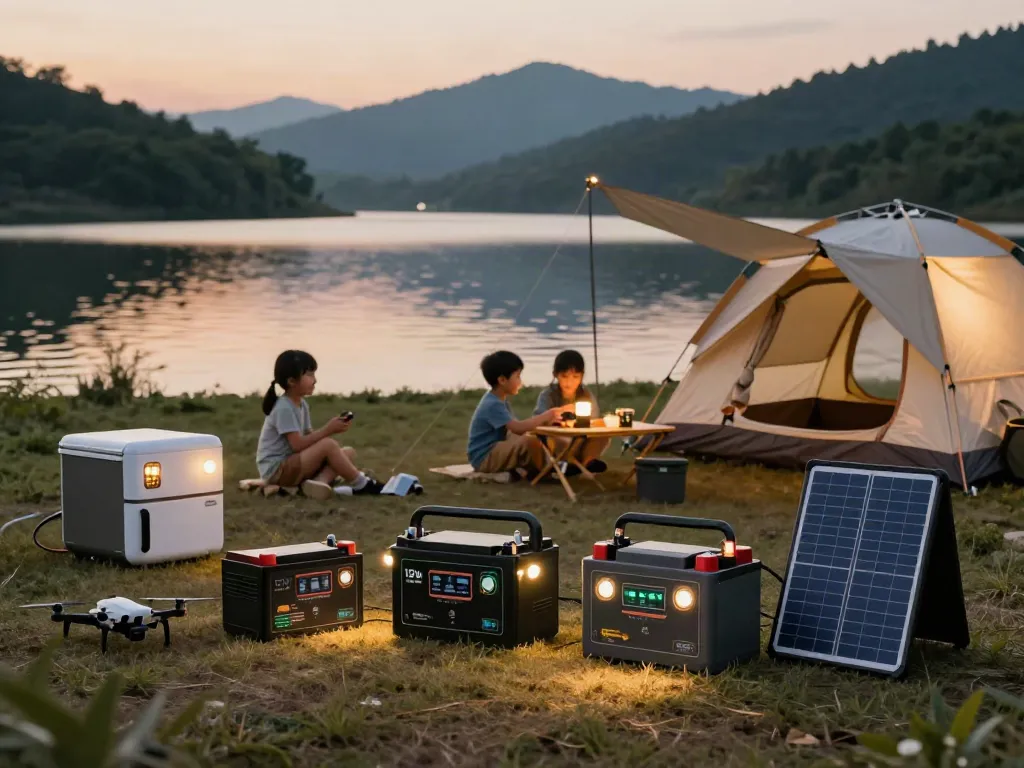 12V battery powering camping setup by the lake, showcasing outdoor adventure.