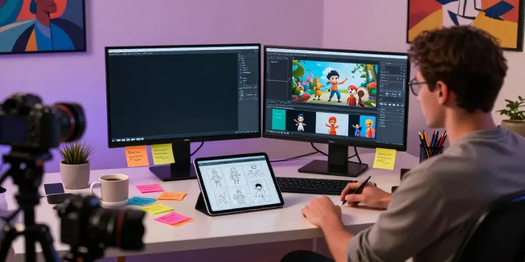 Step-by-step guide on how to use an AI animated video generator in a creative studio setup.