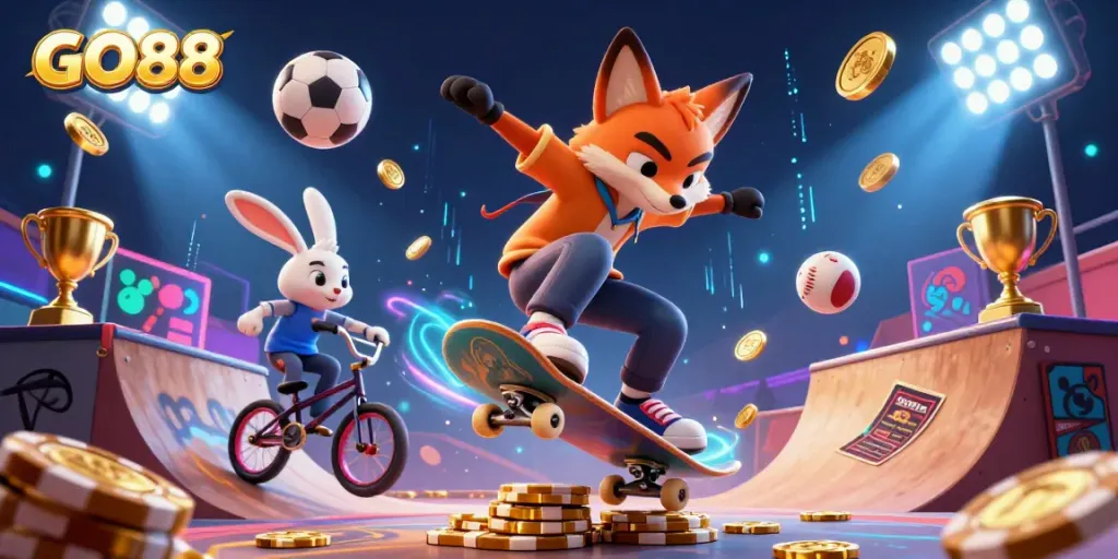 Experience the thrill of GO88 with vibrant cartoon casino imagery featuring a fox and rabbit.