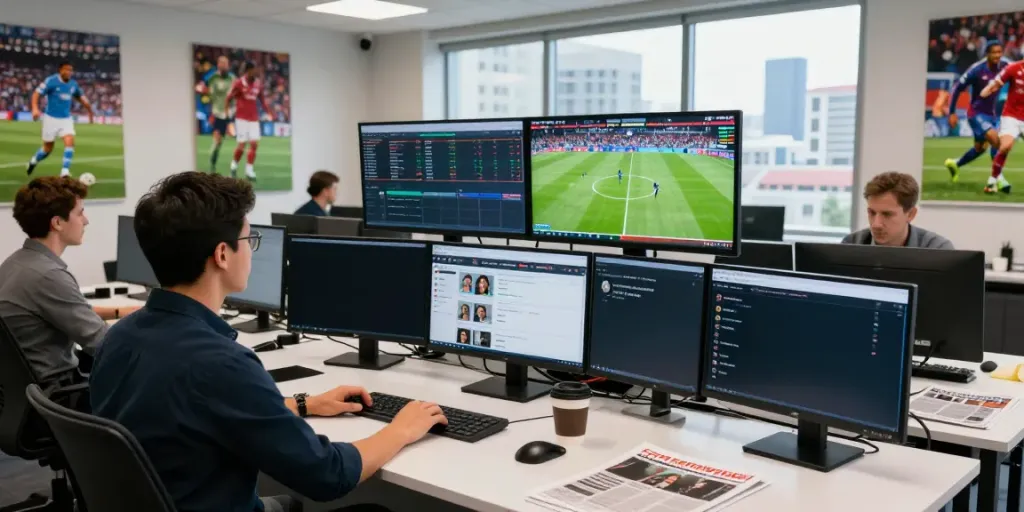 Breaking news about ข่าวฟุตบอลไทย in a vibrant sports newsroom with live updates.