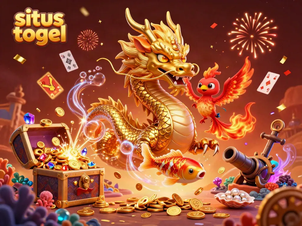 Experience thrilling wins at situs togel with vibrant dragon and koi fish amidst a gold coin explosion.