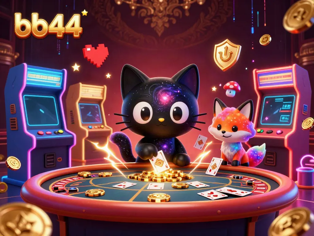 Engage with bb44's cosmic casino as a black hole cat pulls in golden chips and cards.