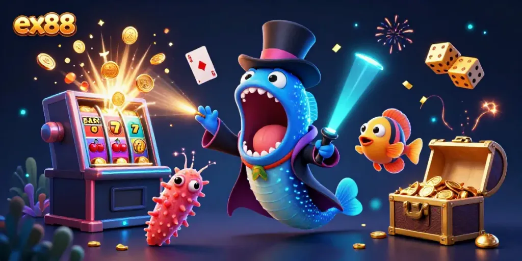 Experience dynamic casino fun with ex88 in a lively scene of unique sea creatures embodying gaming excitement.