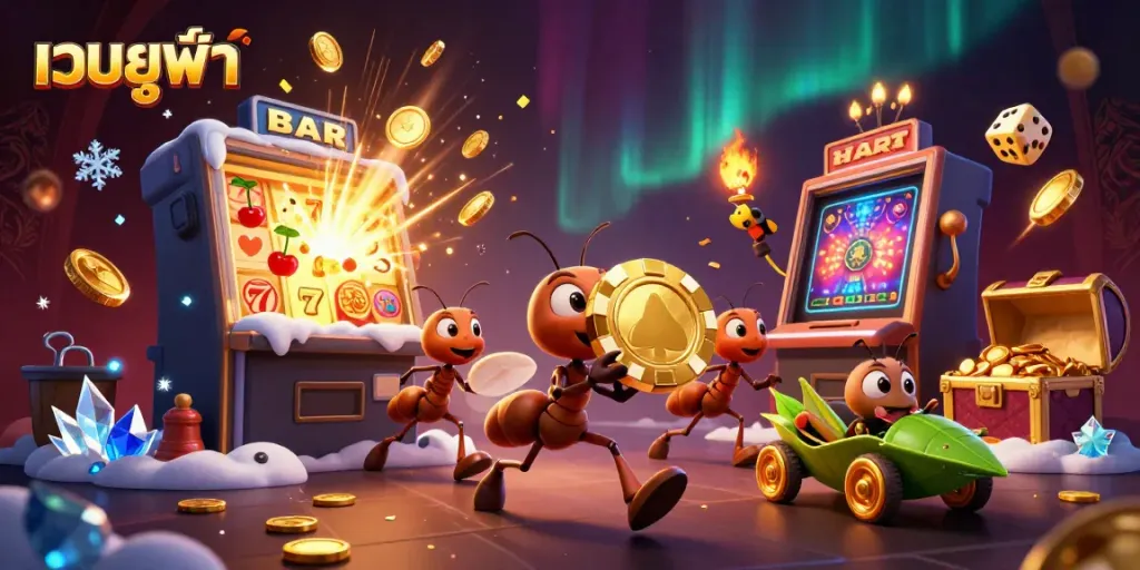 Experience the thrills of เว็บยูฟ่า with a dynamic heist scene featuring cartoon ants, a golden poker chip, and jackpot excitement.