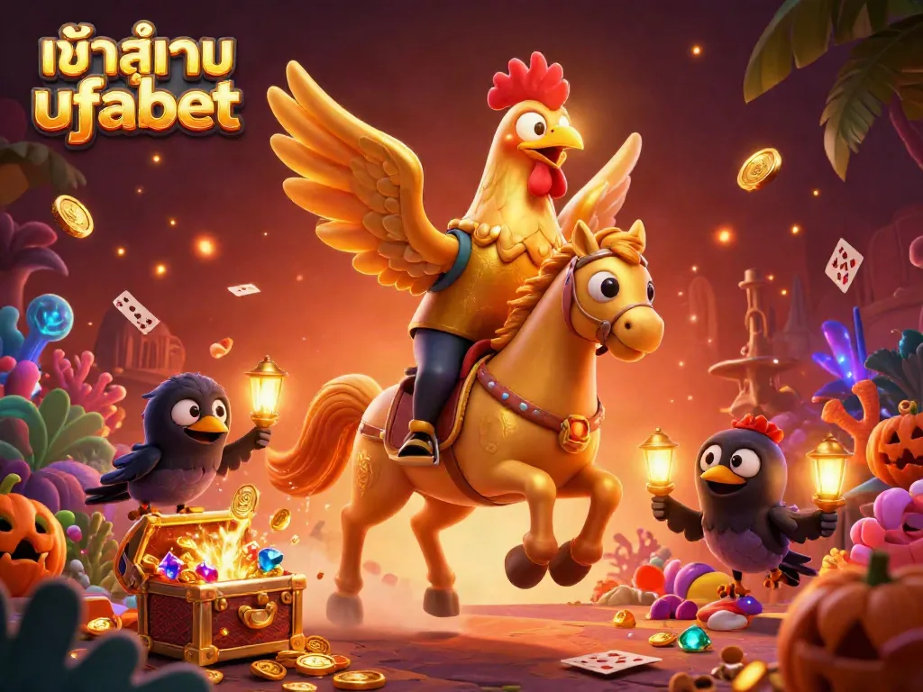 Engaging illustration of an enchanting golden rooster navigating the ufabet gambling realm.