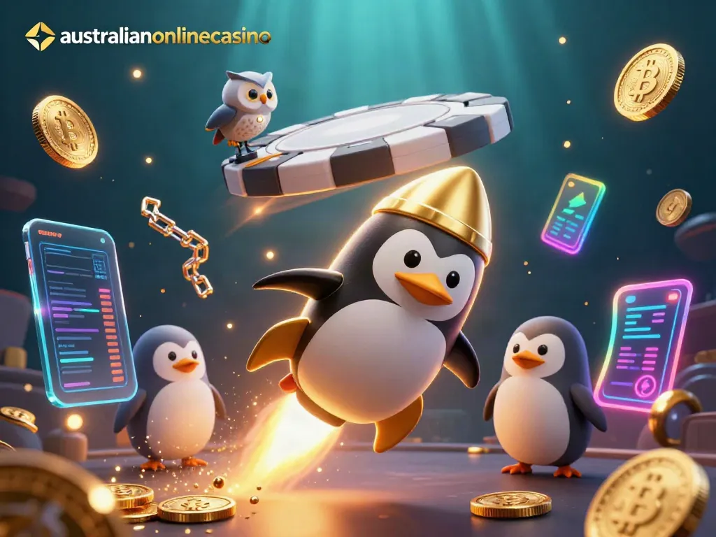 Experience vibrant gameplay at australianonlinecasino with a golden penguin in space amid crypto elements.