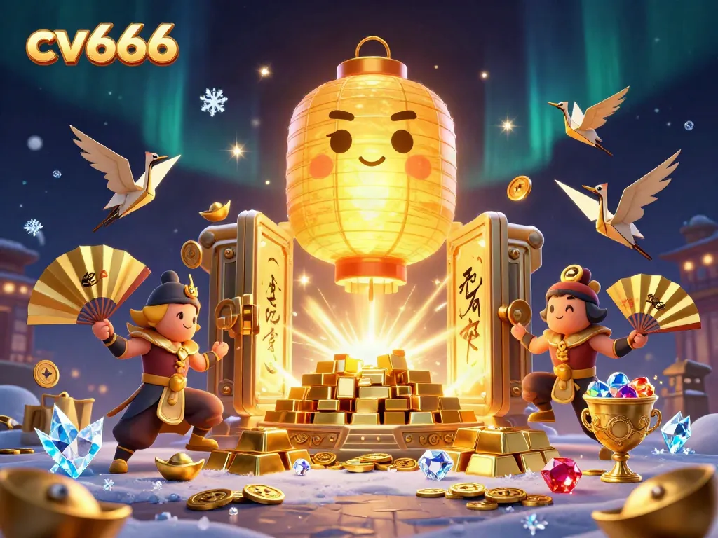 Spin the reels with cv666's vibrant casino scene featuring golden lanterns and treasures.