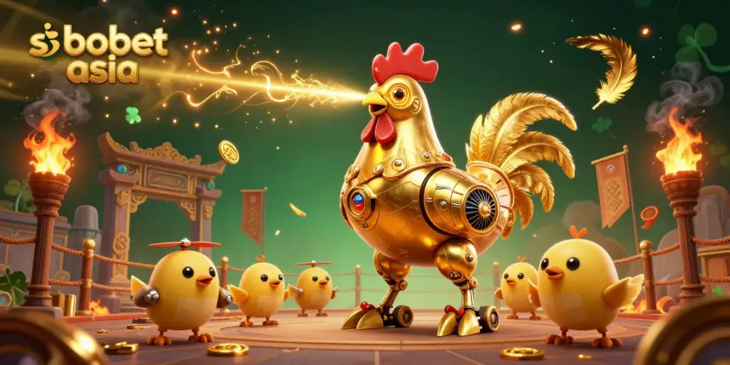 Experience sbobet asia betting with an energetic scene featuring a golden rooster robot and baby chick drones.