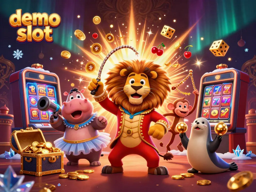 Experience the excitement of demo slots with a lively 3D scene featuring colorful characters and casino elements.