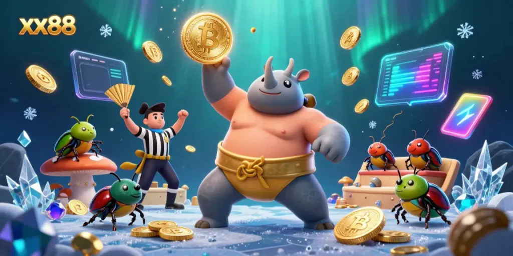 Engaging scene of a rhinoceros beetle sumo champion in action, coins flying, xx88 brand showcased