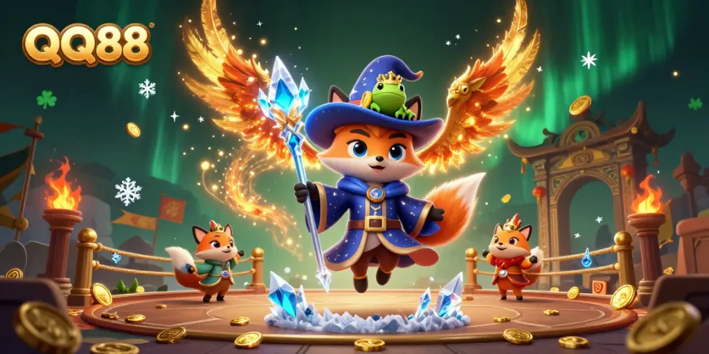 Engage with QQ88’s thrilling casino atmosphere featuring magical elements, dynamic characters, and vivid scenery.