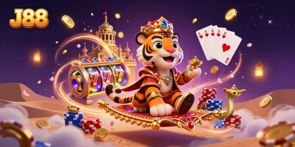 Engage with J88 casino excitement featuring a sultan on a poker chip carpet amidst spinning reels and treasures.