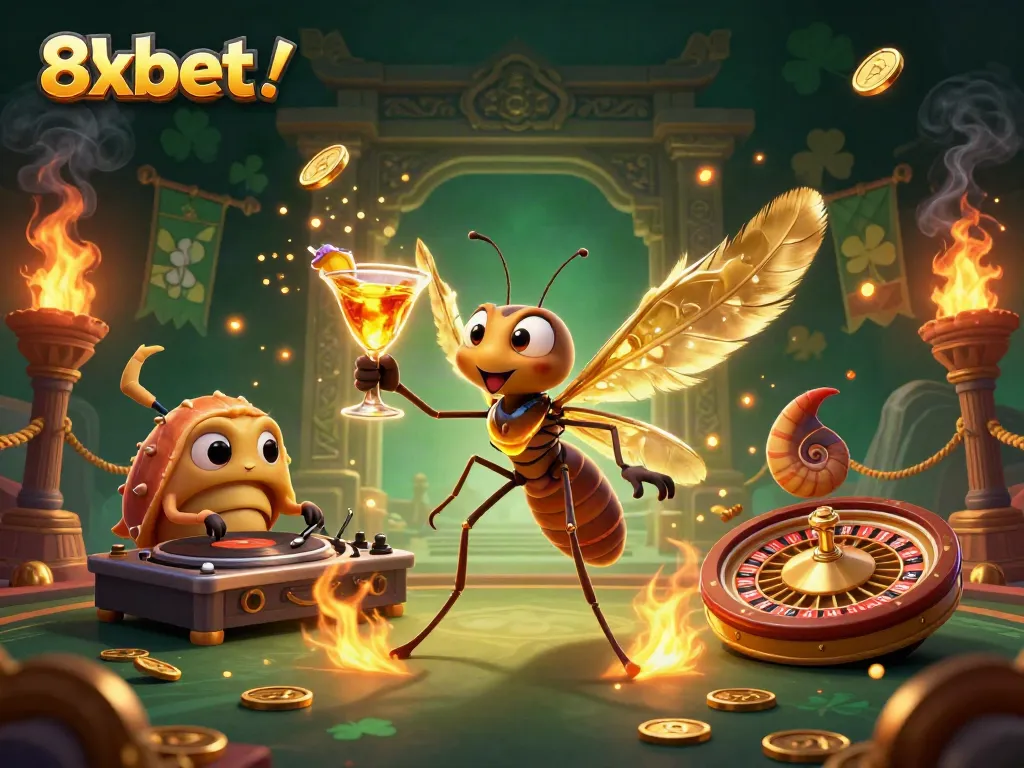 Experience thrilling excitement at 8xbet/ as a frozen mosquito mascot mixes cocktails in a vibrant casino scene.