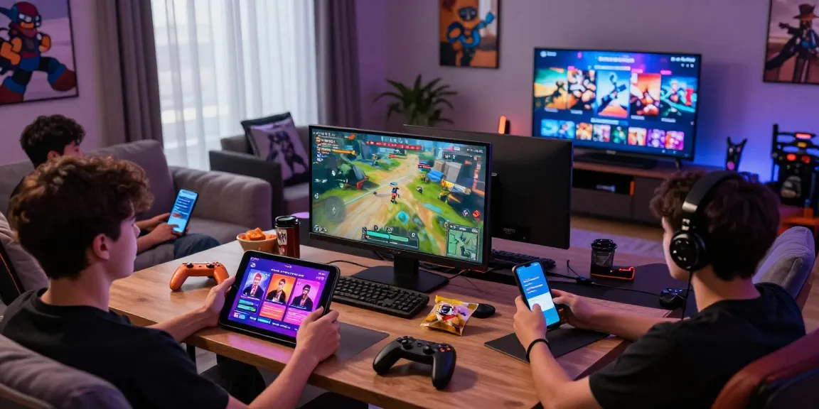 Players enjoying a porn game on multiple devices in a cozy digital lounge, showcasing vibrant gaming culture.
