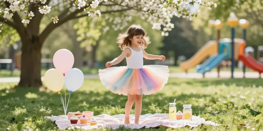 Playful girl in a tutu dancing at a park, tutu-store.com colors and joy.