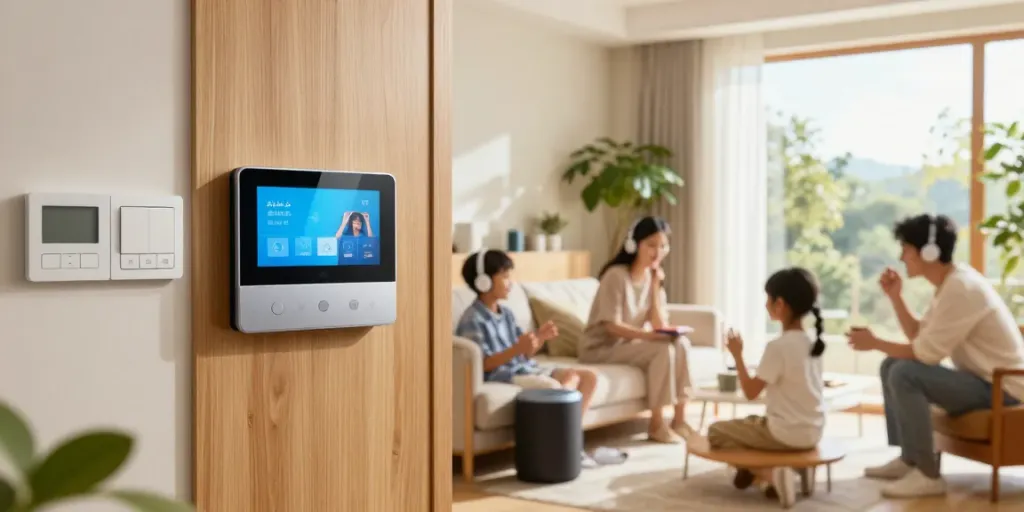 Smart audio system integrated in a cozy living room from جهان اسمارت, showcasing home automation.