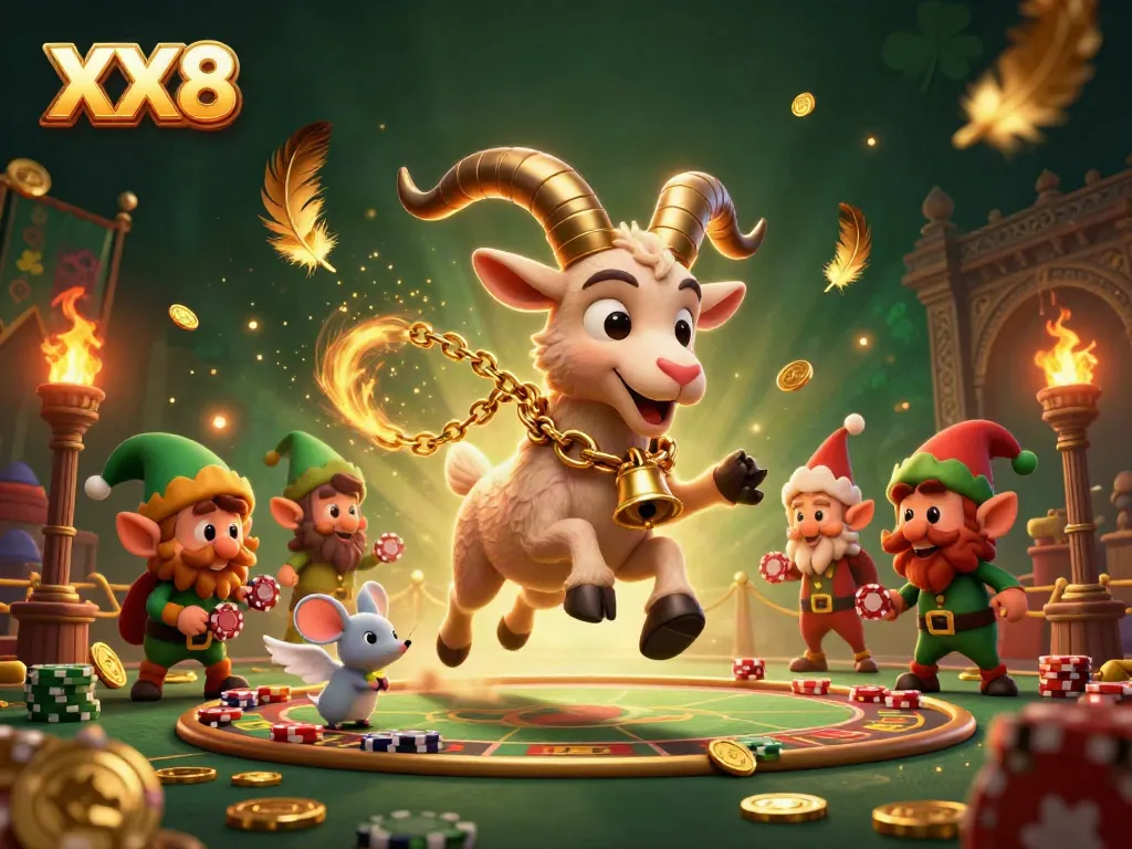 Experience the thrill of XX8 with festive casino characters amidst swirling gold and vibrant game elements.