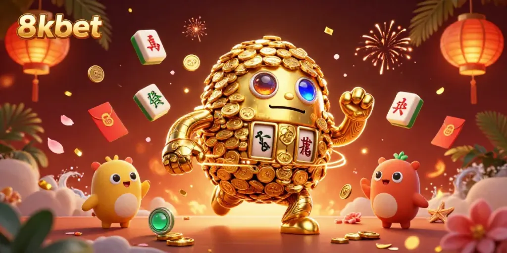 Experience vibrant gaming thrills with 8xbet's animated golden golem and dynamic casino elements.