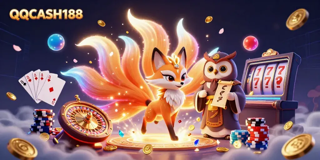 Experience the enchanting magic of QQCASH188 with vibrant spirits and exciting casino elements in this dynamic illustration.
