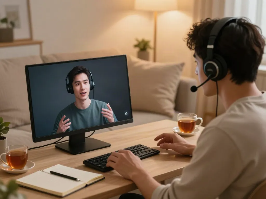 Engaging in AI sex chat within a cozy room, featuring virtual interactions.