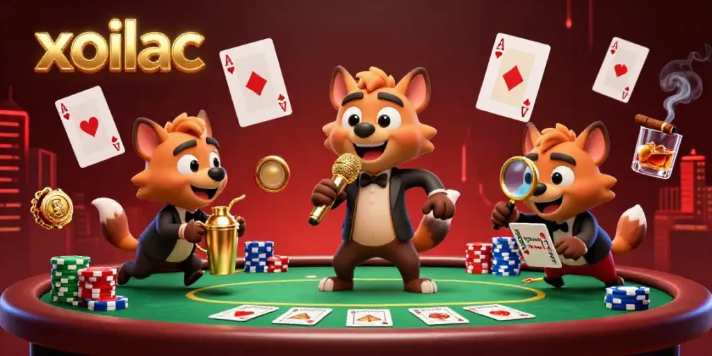 Xoilac showcases a vibrant casino scene with funny hyenas entertaining audiences through comedy, drinks, and ID checks.